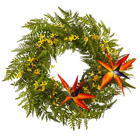 24" Mixed Fern, Forsythia and Bird of Paradise Artificial Wreath