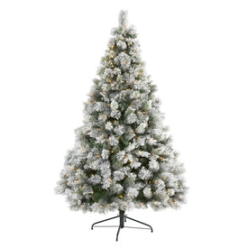 7' Flocked Oregon Pine Artificial Christmas Tree with 400 Clear Lights and 834 Bendable Branches