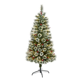 5' Frosted Swiss Pine Artificial Christmas Tree with 200 Clear LED Lights and Berries