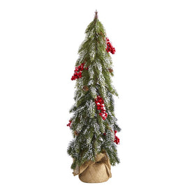 24" Flocked Christmas Artificial Tree with Berries and Pine Cones