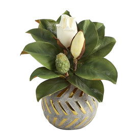 12" Magnolia Artificial Plant in Planter with Gold Trimming