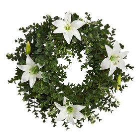 18" Eucalyptus and Lily Double Ring Artificial Wreath with Twig Base