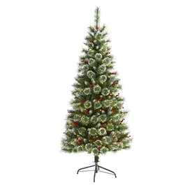 6' Frosted Swiss Pine Artificial Christmas Tree with 300 Clear LED Lights and Berries