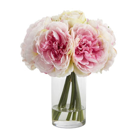 11" Peony Bouquet Artificial Arrangement in Glass Vase