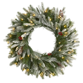 24" Snowed Artificial Christmas Wreath with 50 Warm White LED Lights and Pine Cones