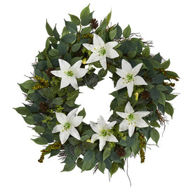 23" Mixed Ruscus, Lily, Fittonia and Berries Artificial Wreath