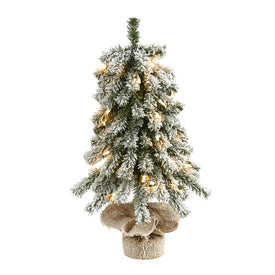 2' Flocked Alpine Christmas Artificial Tree with 35 Lights, 92 Bendable Branches and a Burlap Planter