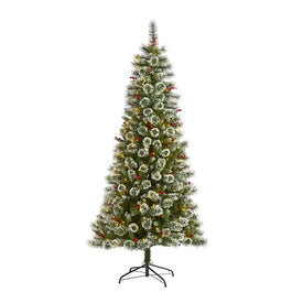 7' Frosted Swiss Pine Artificial Christmas Tree with 400 Clear LED Lights and Berries