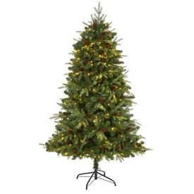 6' Wellington Spruce Natural Look Artificial Christmas Tree with 300 Clear LED Lights and Pine Cones
