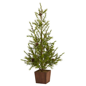 28" Alpine Natural Look Artificial Christmas Tree in Wood Planter with Pine Cones