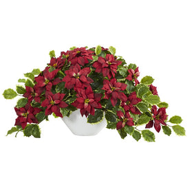 20" Poinsettia and Variegated Holly Artificial Plant in Oval White Planter (Real Touch