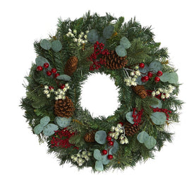 24" Eucalyptus and Pine Artificial Wreath with Berries and Pine Cones
