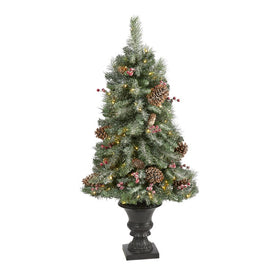 4' Frosted Pine, Pinecone and Berries Artificial Christmas Tree with 100 Clear LED Lights in Decorative Urn
