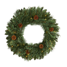 24" White Mountain Pine Artificial Christmas Wreath with 35 LED Lights and Pinecones