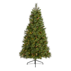 6' Golden Tip Washington Pine Artificial Christmas Tree with 250 Clear Lights, Pine Cones and 750 Bendable Branches