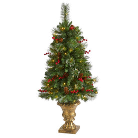 4' Pine, Pinecone and Berries Artificial Christmas Tree with 100 Clear LED Lights in Decorative Urn