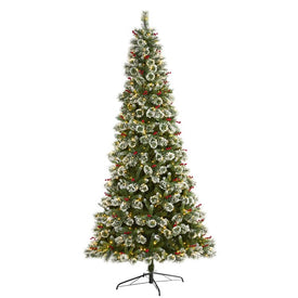 9' Frosted Swiss Pine Artificial Christmas Tree with 700 Clear LED Lights and Berries