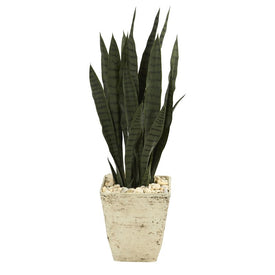 34" Sansevieria Artificial Plant in Country White Planter