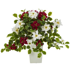 23" Poinsettia and Variegated Holly Artificial Plant in Decorative Planter (Real Touch