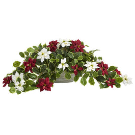 33" Poinsettia and Variegated Holly Artificial Plant in Planter (Real Touch