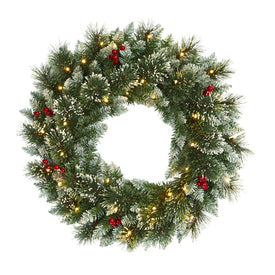 24" Frosted Swiss Pine Artificial Wreath with 35 Clear LED Lights and Berries