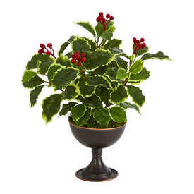 15" Variegated Holly Artificial Plant in Metal Chalice (Real Touch