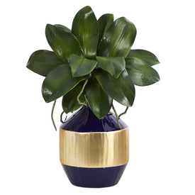 14" Phalaenopsis Orchid Leaf Artificial Plant in Blue and Gold Planter