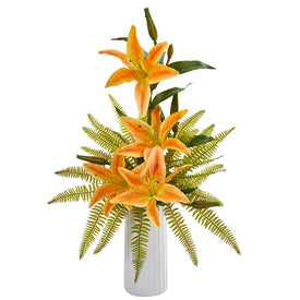22" Lily and Fern Artificial Arrangement in White Vase