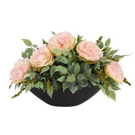 19" Peony and Mixed Greens Artificial Arrangement in Black Vase