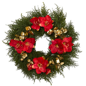 24" Cedar, Amaryllis and Metallic Eucalyptus Artificial Wreath