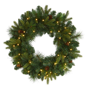 24" Mixed Pine Artificial Christmas Wreath with 35 Clear LED Lights and Pinecones