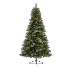 7' Snowed French Alps Mountain Pine Artificial Christmas Tree with 833 Bendable Branches and Pine Cones