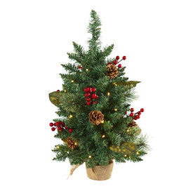 2' Pine, Pinecone and Berries Artificial Christmas Tree with 35 LED Lights and 86 Bendable Branches