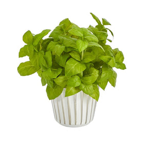 10" Basil Artificial Plant in White Planter with Silver Trimming