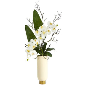 3' Phalaenopsis Orchid Artificial Arrangement in Cream Vase with Gold Base