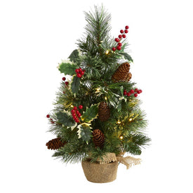 18" Mixed Pine Artificial Christmas Tree with Holly Berries, Pinecones, 35 Clear LED Lights and Burlap Base