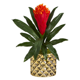 15" Bromeliad Artificial Plant in Gold Planter