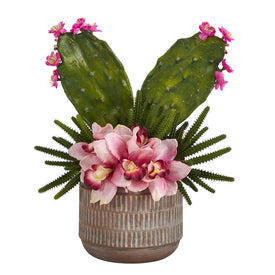 18" Cymbidium Orchid and Cactus Artificial Arrangement in Stoneware Vase