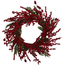 28" Cypress Artificial Wreath with Berries and Pine Cones