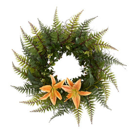 23" Assorted Fern and Lily Artificial Wreath