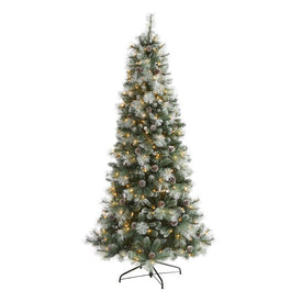 7' Frosted Tip British Columbia Mountain Pine Artificial Christmas Tree with 400 Clear Lights, Pine Cones and 882 Bendable Branches