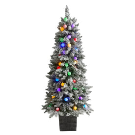 5' Flocked British Columbia Mountain Fir Artificial Christmas Tree in Decorative Planter with 50 Multi Color Globe Bulbs and 379 Bendable Branches