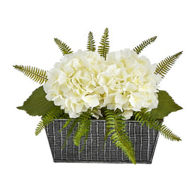 11" Hydrangea and Fern Artificial Plant in Embossed Tin Planter