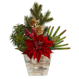 15" Poinsettia, Cactus and Succulent Artificial Arrangement in Christmas Tree Planter