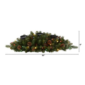 30" Flocked and Glittered Artificial Christmas Triple Candelabrum with 35 Multi-Colored Lights and Pine Cones