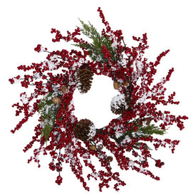 24" Frosted Cypress Artificial Wreath with Berries and Pine Cones