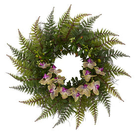 23" Fern and Phalaenopsis Orchid Artificial Wreath