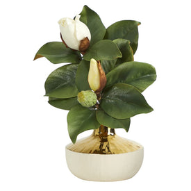 15" Magnolia Artificial Plant in Gold and Cream Elegant Planter