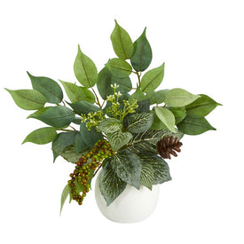 13" Mixed Greens Artificial Plant in White Planter