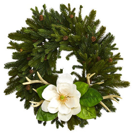22" Pine, Pinecone, Magnolia and Antler Artificial Wreath